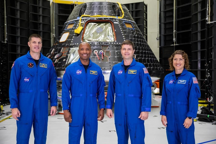 Crew with their Orion module at Kennedy Space Center, Aug. 8, 2023.