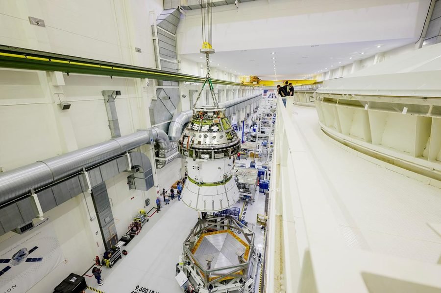 Artemis II Orion during vacuum chamber testing.